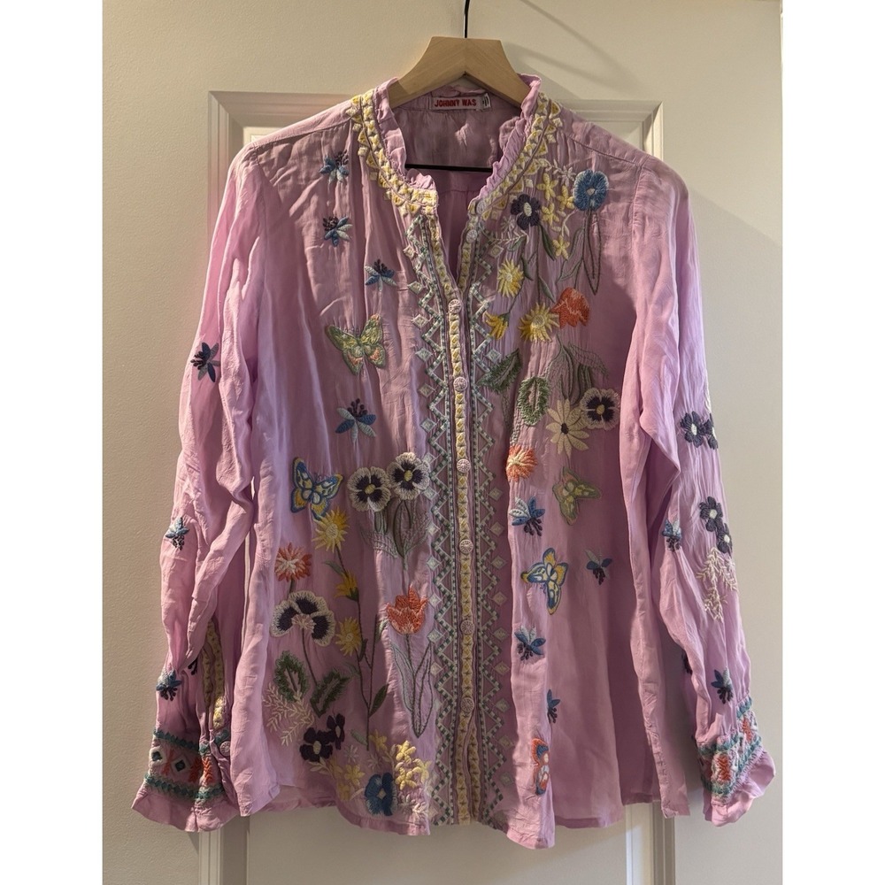 Johnny Was Embroidered Floral Butterfly Blouse Pink Cupra Rayon Boho M